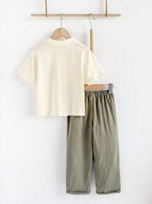 Loomiva 2pcs/Set Young Boy Contrast Collar Patch Pocket Pullover & Solid Color Pants Set - Multicolor - View 2