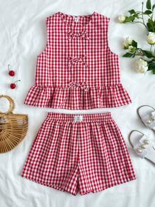 Girlism 少女红色格子上衣搭配蝴蝶结荷叶边下摆背心、高腰宽松短裤。女孩休闲套装、家居装、复古风格假日套装 - 紅白色 - 查看 5