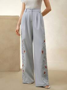 Anewsta Women's Spring/Summer Loose Floral Embroidery Ankle Dress Pants - Dusty Blue - View 5