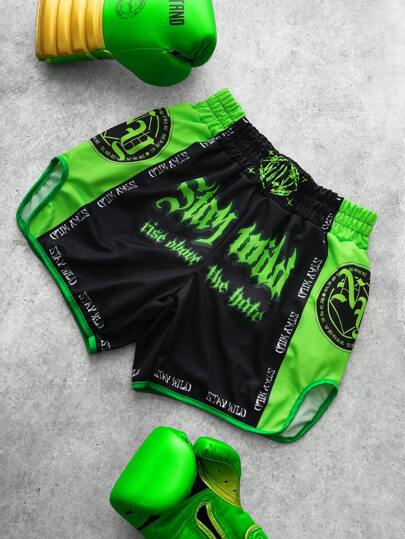 PAVTROS Boxningsshorts med bokstäver och färgblock för män