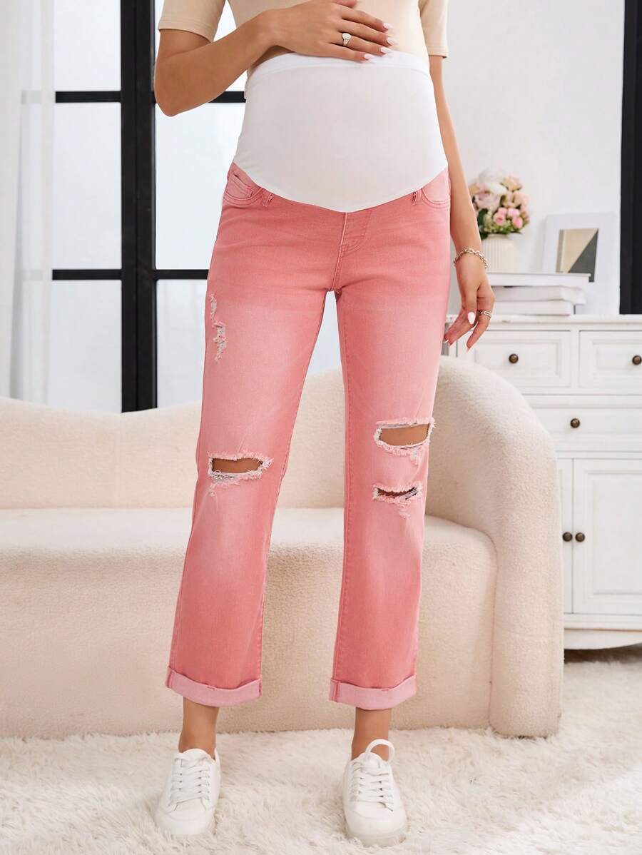 SHEIN Pregnant Women Solid Color Ripped Pockets Casual Fashion Jeans - Pink - View 1