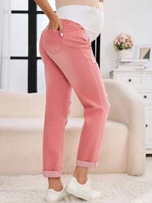 SHEIN Pregnant Women Solid Color Ripped Pockets Casual Fashion Jeans - Pink - View 2