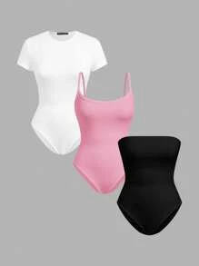SHEIN EZwear 3pcs Plus Size Basic Bodysuits, Multi-Color, Spring/Summer - Multicolor - View 1