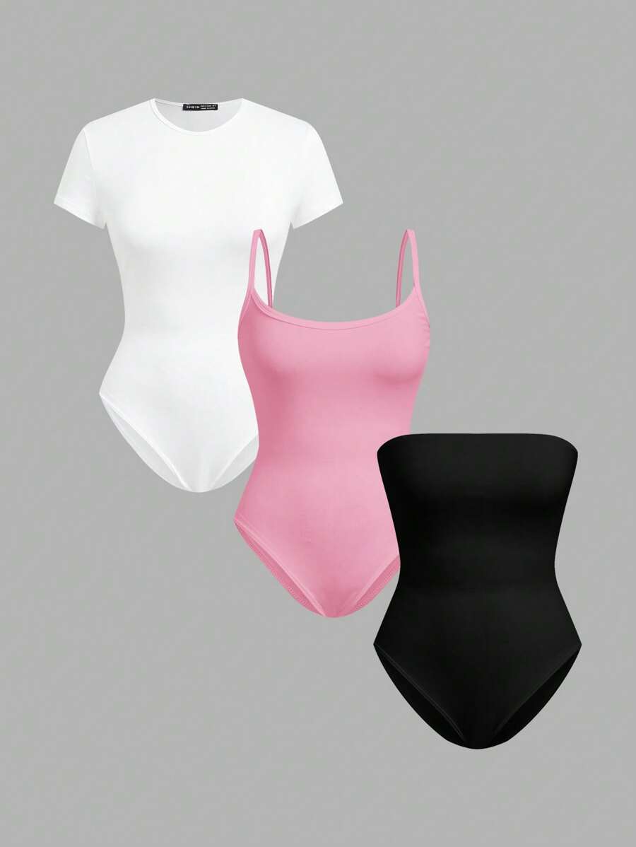SHEIN EZwear 3pcs Plus Size Basic Bodysuits, Multi-Color, Spring/Summer - Multicolor - View 1