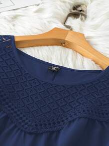SHEIN LUNE Plus Size Solid Color Lace Patchwork Round Neck Summer Casual Top - Navy Blue - View 6