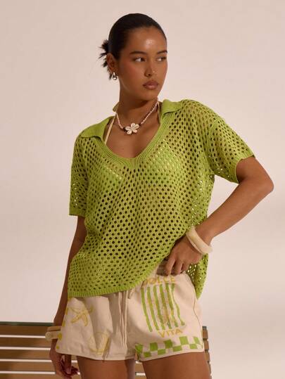 MUSERA 钩针编织V领超大翻领T恤 春夏度假波西米亚风 伊比沙岛风 优雅海滩风 可爱海滩小屋 假日时尚