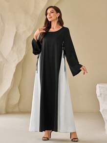 Al Najma Contrast Color Round Neck Elegant Long Sleeve Arabian Dress, Modest - Black - View 3
