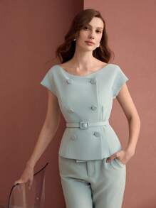 MOTF PREMIUM DOUBLE BREASTED BELTED BLOUSE - Blue - View 6