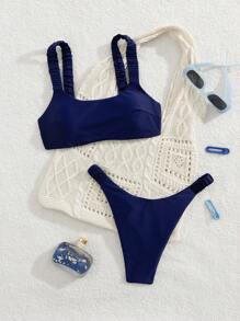 Swim Vcay Bộ đồ bơi hai mảnh xếp ly, quần trơn màu thời trang nữ & đồ bơi hai mảnh xếp ly, đồ bơi hai mảnh tối giản cổ điển - Màu xanh hải quân - Xem 4