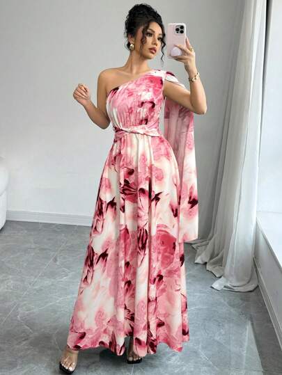 Elenzga Vestido elegante y entallado con estampado floral, cintura ceñida y drapeado delantero asimétrico, estilo de moda de resort