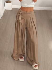Flirla Pantalones palazzo holgados y fluidos con flecos, estilo informal de vacaciones para mujeres - Marrón - Ver 3