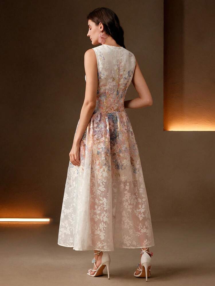 Elegant Sleeveless Cinched Waist Floral Print Slim Fit Dress, Suitable For Spring/Summer Festivals, Graduation