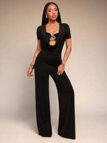 Vixey Gold Metal Trim Low Draped Neck Bandeau Wide Leg Jumpsuit - Black - View 3