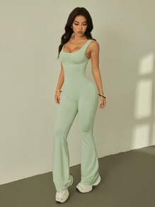 SHEIN PETITE Mono entallado de verano con volantes de unicolor y diseño calado - Verde - Ver 6