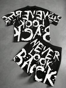 Manfinity EMRG White Graffiti Motivational English Allover Print T-Shirt Set Rock Shirts Oversized T Shirt Graphic - Multicolor - View 7