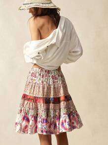 Bohemela Women's Woven Floral Ruffled Skirt With Waist Tie