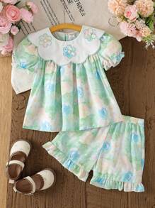 2pcs/Set Young Girls Vacation Embroidery Peter Pan Collar Blouse & Shorts Set, Summer Outfit - Mint Green - View 4
