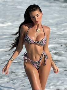 Swim SXY 2 Stücke Damen Leopard Muster Schnür-Rückenfreier Bikini Badeanzug - Pink - Übersicht 3