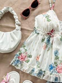 Soleia WYWH 夏季度假女士休闲海滩风白色波点蕾丝V领吊带背心，饰有荷叶边和面料纹理，两件套，适合返校季、婚礼季、下午茶等场合。 - 白色 - 查看 3