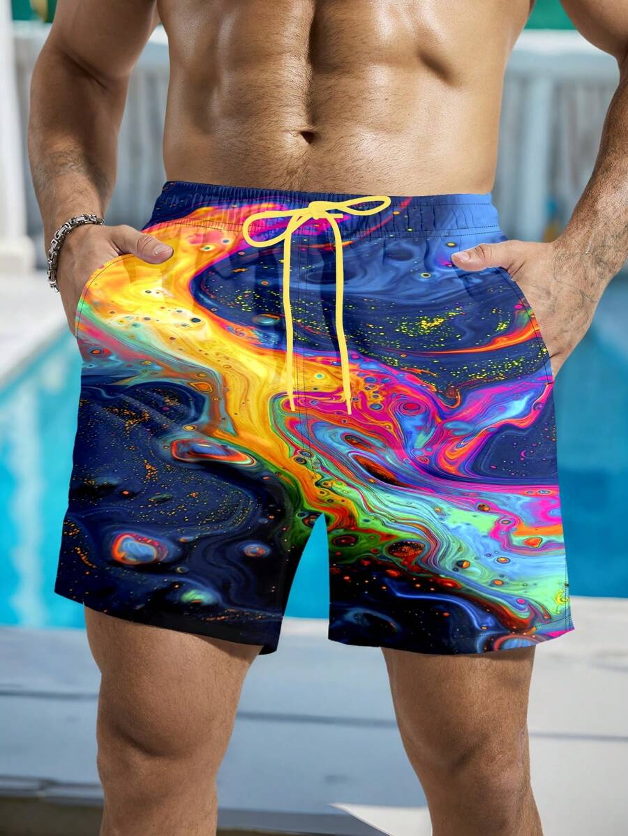 Manfinity VDAYZ Men's Summer Vacation All-Over Print Drawstring Waist Slanted Pocket Beach Shorts Men Swim Trunks - Multicolor - View 1