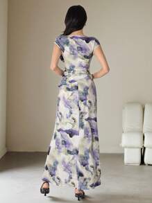 Modelyn 2pcs/Set Women Tie-Dye Print Cap Sleeve Top And Long Skirt - Green - View 6
