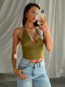 Aloruh Elegant & Sexy Olive Green Halter Neck Tie-Up Decor Button Women's Tank Top