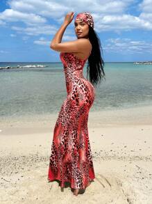 SHEIN SXY Vestido escotado de tirantes finos con estampado de leopardo en estilo bohemio y playa para mujer, para verano
