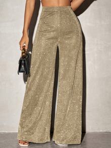SHEIN SXY 休闲针织闪亮面料高腰阔腿女裤 - 金色 - 查看 7