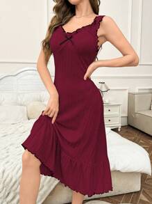 SHEIN Women Knitted Textured Bow Decor Pleat Hem Loose Cami Nightgown - Burgundy - View 6