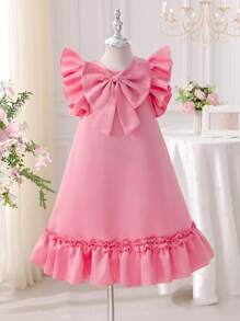 Young Girl Elegant Solid Color Butterfly Decor Ruffle Hem Summer Dress