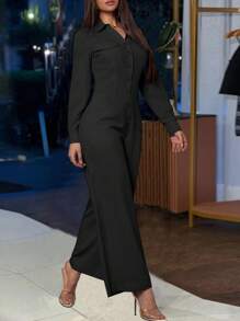 INAWLY Bộ đồ liền thân dài tay màu trơn thời trang dành cho nữ phù hợp cho mùa hè - màu đen - Xem 3