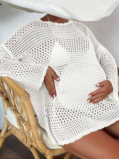 SHEIN Plus Size Solid Color Long Sleeve Maternity Smocks, Fashionable For Summer