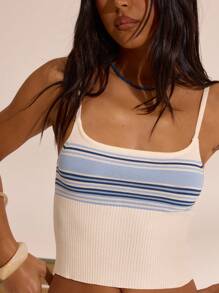 MUSERA Spaghetti Strap Striped Knit Fitted Cami Top Only Spring Summer Vacation Elegant Beach Cute Airport Holiday Graphic Fall Back To School Fall Autumn Winter Everyday   Chic Sweater - Cream - View 5