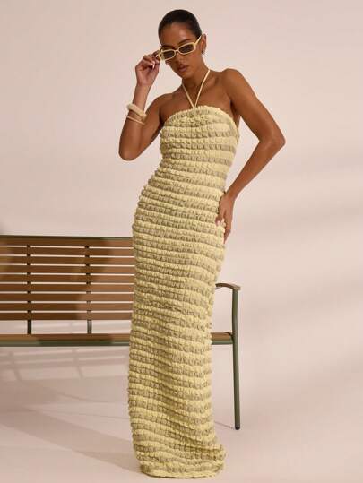 MUSERA Halter Neck Maxi Elasticated Checker Dress Spring Summer Vacation Boho Ibiza Elegant Beach Cute The Beach House Wedding Guest Holiday Birthday Date Night Long Dress