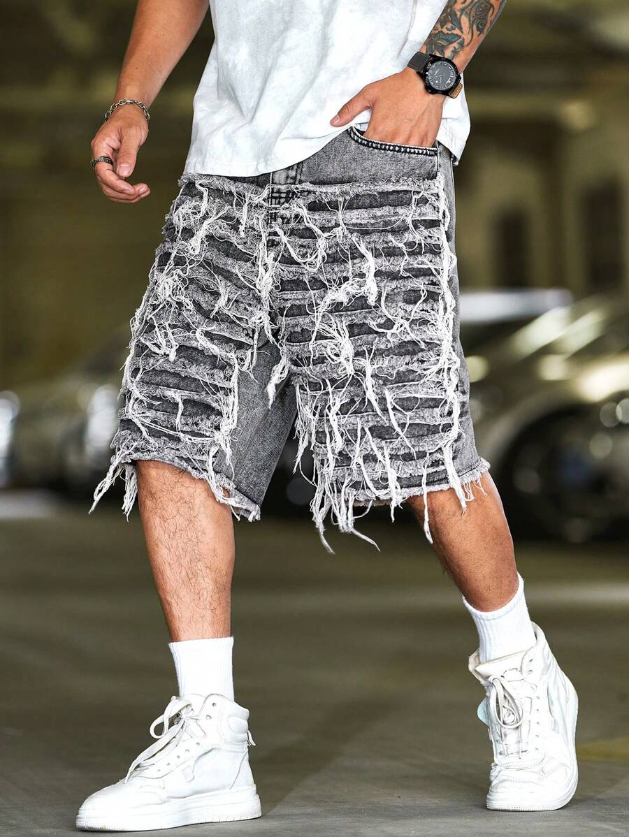 Manfinity LEGND 男士时尚街头风格破洞磨边口袋直筒牛仔短裤 - 灰色 - 查看 1