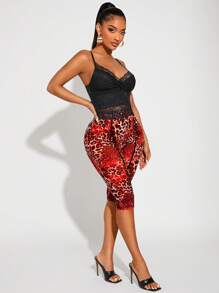SHEIN SXY Sexy Sheer Leopard Print 3/4 Leggings, Spring/Summer,Bohemia - Red - View 4