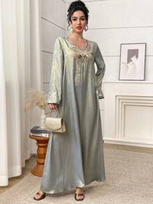 Yasmyna 女士优雅长袖刺绣蝴蝶阿拉伯长袍，端庄大方 - 淺藍色 - 查看 5