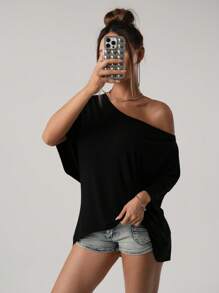 SHEIN ICON Casual American Street Style Oblique Shoulder Loose T-Shirt, Solid Black - Black - View 1