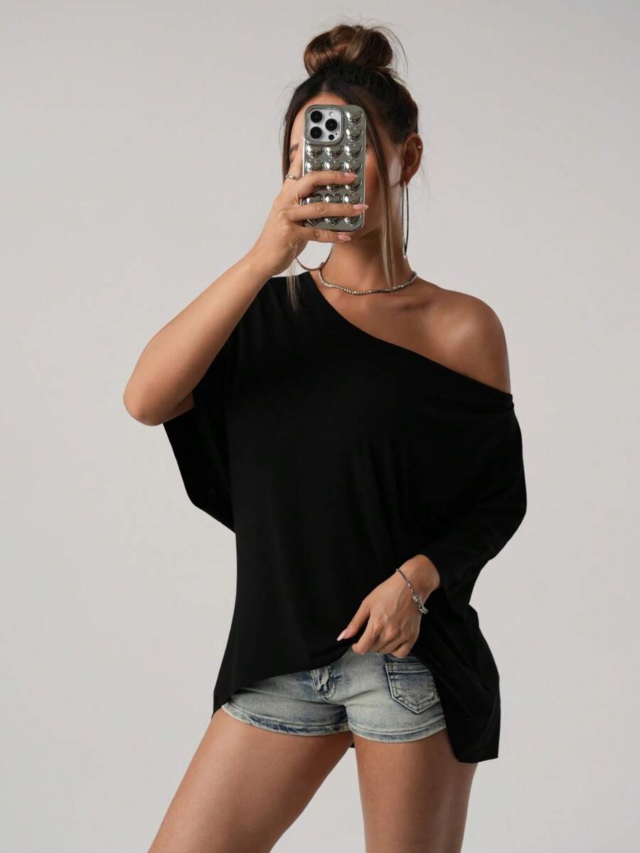 SHEIN ICON Casual American Street Style Oblique Shoulder Loose T-Shirt, Solid Black - Black - View 1