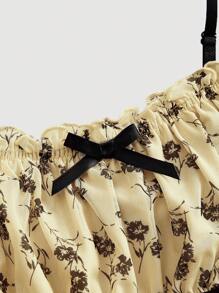 SHEIN MOD Women's Floral Printed Bowknot Decorated Ruffled Hem Cami Top - Black and White - View 4