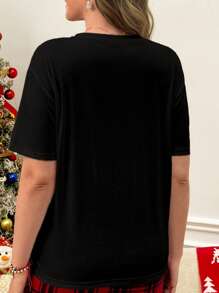 Plus Size Women Casual Round Neck Graphic T-Shirt, Geometric Arabic Slogan Pattern Design, Suitable For Summer - Black - View 2