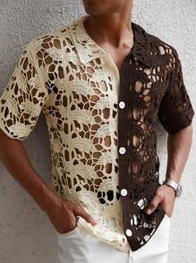 Manfinity Homme Men's Contrast Color Front Button Sheer Casual Short Sleeve Crochet Knit Shirt, Men's Crochet Shirt, Open Knit Shirt Men, Men's Lace Shirt, Men's Summer Shirts