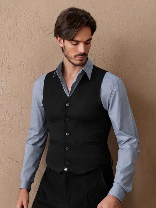 Manfinity VCAY Men's Woven Slim Fit Casual Sleeveless Suit Vest, Spring/Summer