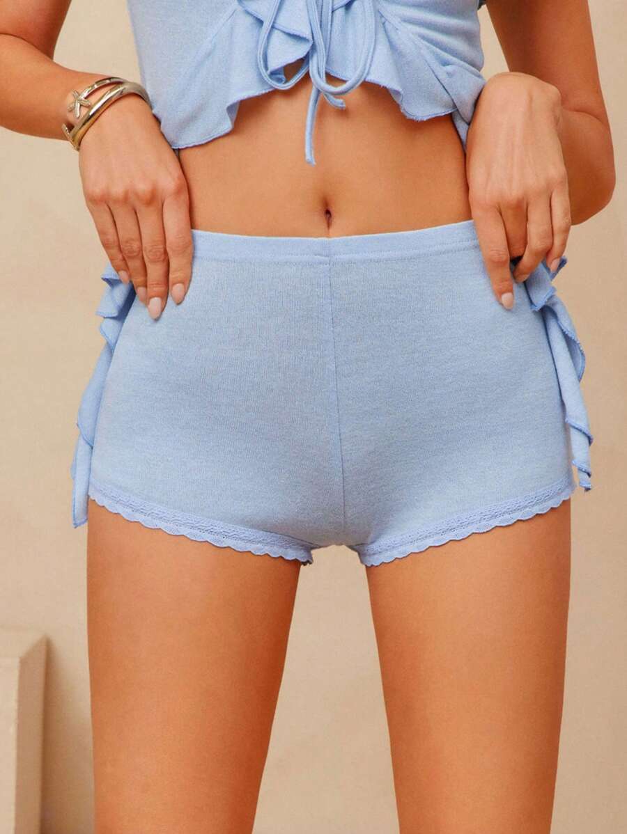 L'Amorae Elegant Romantic Vacation Crochet Knitted Scallop Edge Hem Booty Shorts - Blue - View 1