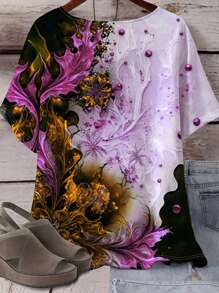 EMERY ROSE 大码花卉印花 T 恤，春夏季休闲短袖上衣，女士大码服装图案 T 恤女式上衣