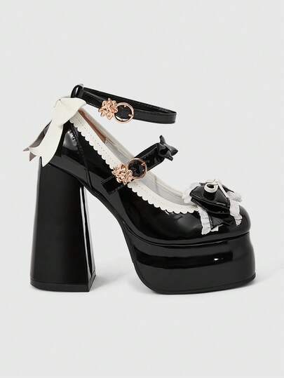 Kawaii Black High Heel Shoes Closed Toe Strap Mary Jane Pumps With Platform, Lolita Gothic Style Bow Decor Sweet JK Inspired Women Platform Heels