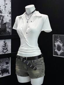 EgrlEra 女士性感纯色 Polo 领短袖 T 恤 - 白色 - 查看 3