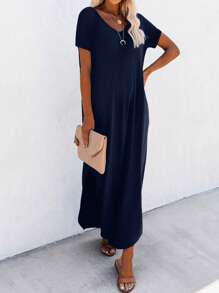 EMERY ROSE Women's Casual Solid Color Curved Hem Short Sleeve Mini Dress, Summer - Navy Blue - View 7