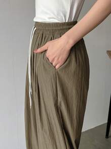 FRIFUL Women's Casual Solid Color Drawstring Waist Straight Leg Pants - Olive Green - View 5