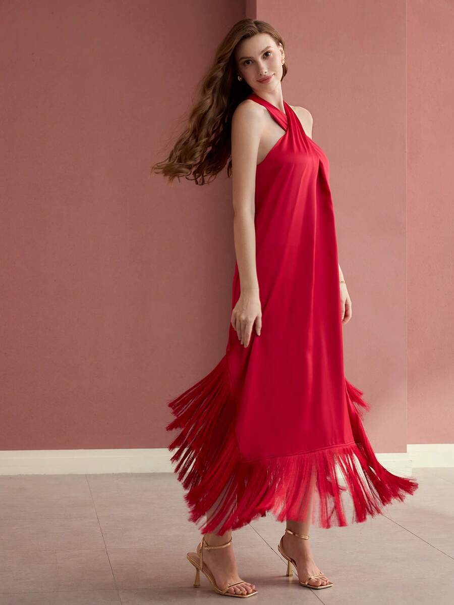 MOTF PREMIUM 挂脖流苏下摆连衣裙 - 紅色 - 查看 1